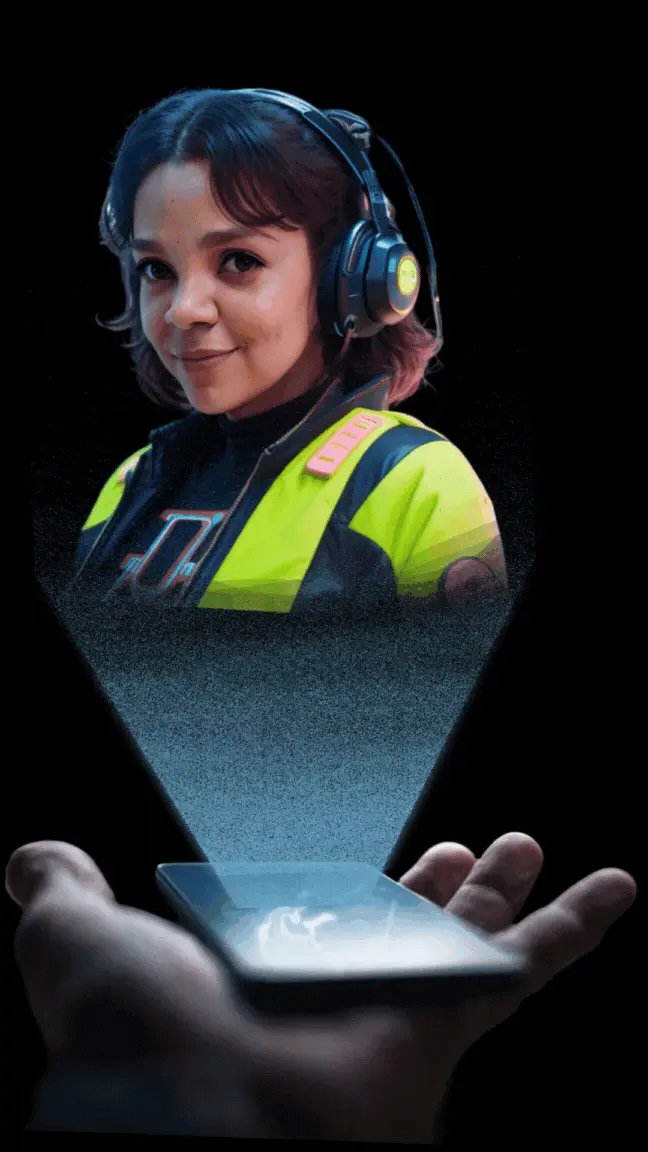 Hologram of María-Fernanda projected from a mobile phone.